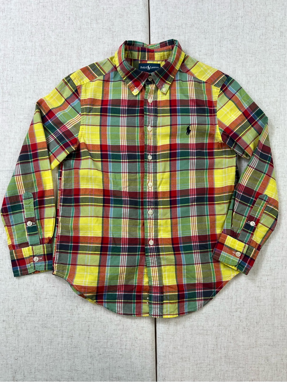 Ralph Lauren Boys Madras Plaid Shirt Yellow Red Green Button Down Sz S 8 Vintage